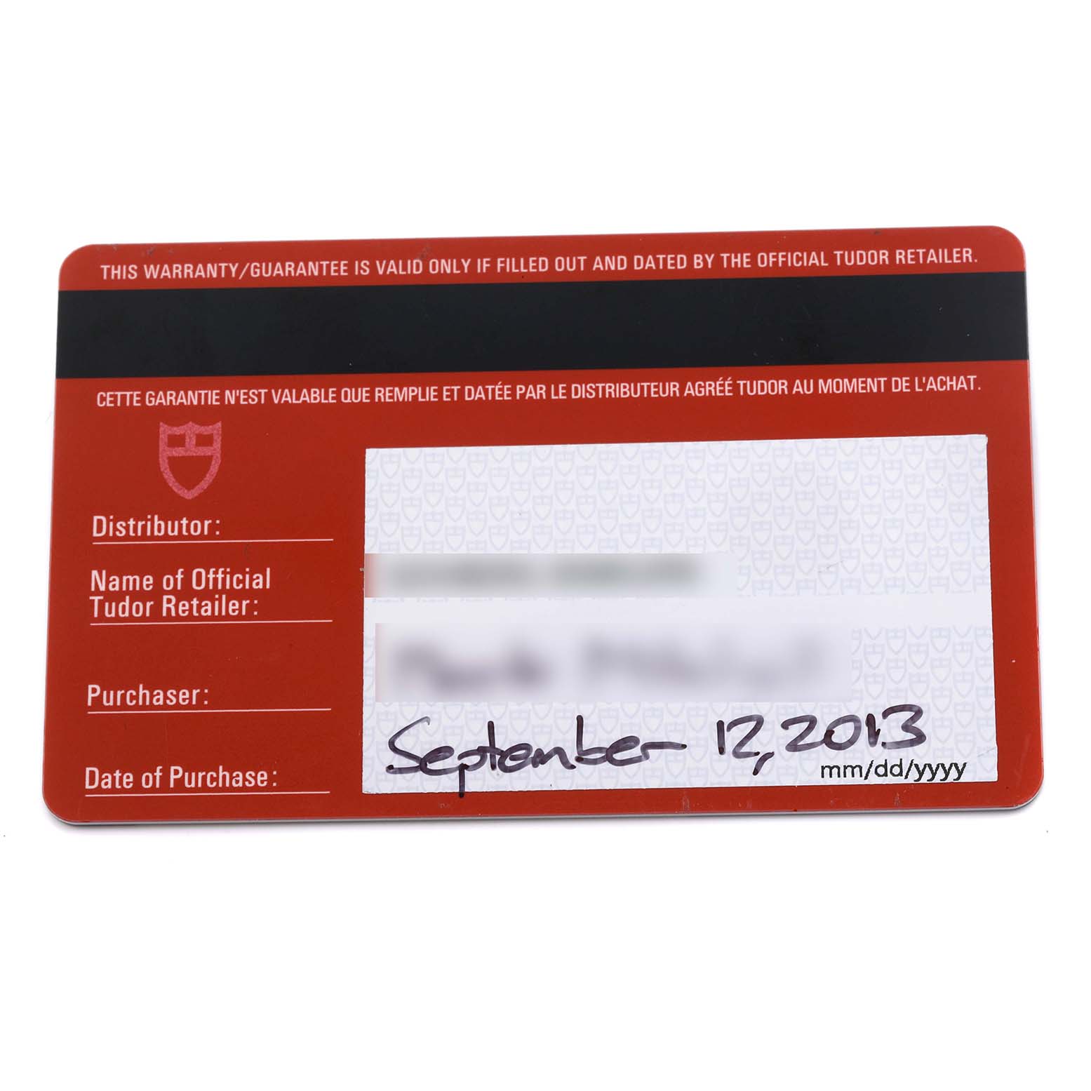 The image shows a warranty card for a Tudor Pelagos 25500TN Men's Titanium Black Dial 25500TN Men's Titanium Black Dial watch, featuring purchase details.