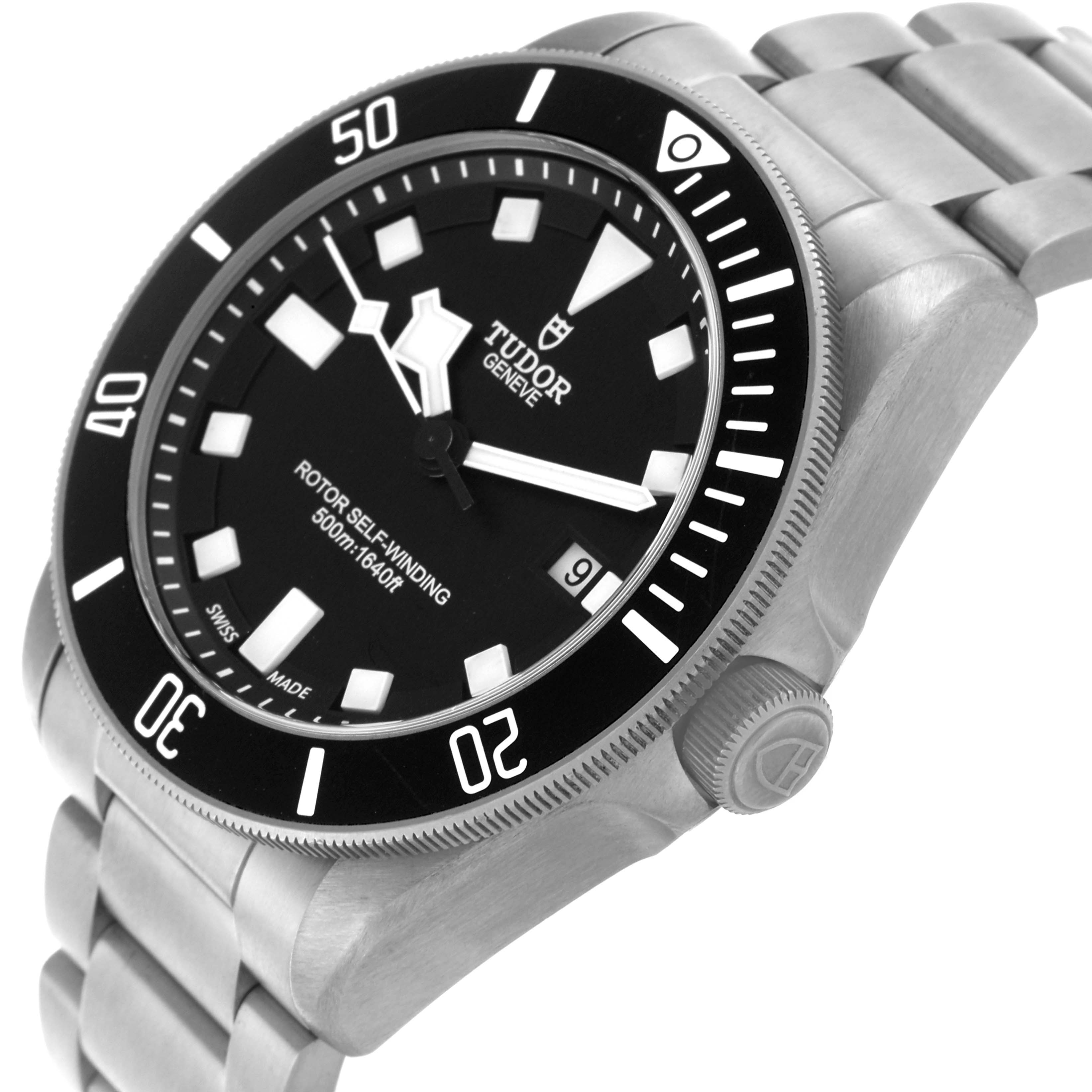 The Tudor Pelagos 25500TN Men's Titanium Black Dial 25500TN Men's Titanium Black Dial watch is shown at a slight angle, displaying the face, bezel, crown, and part of the metal bracelet.