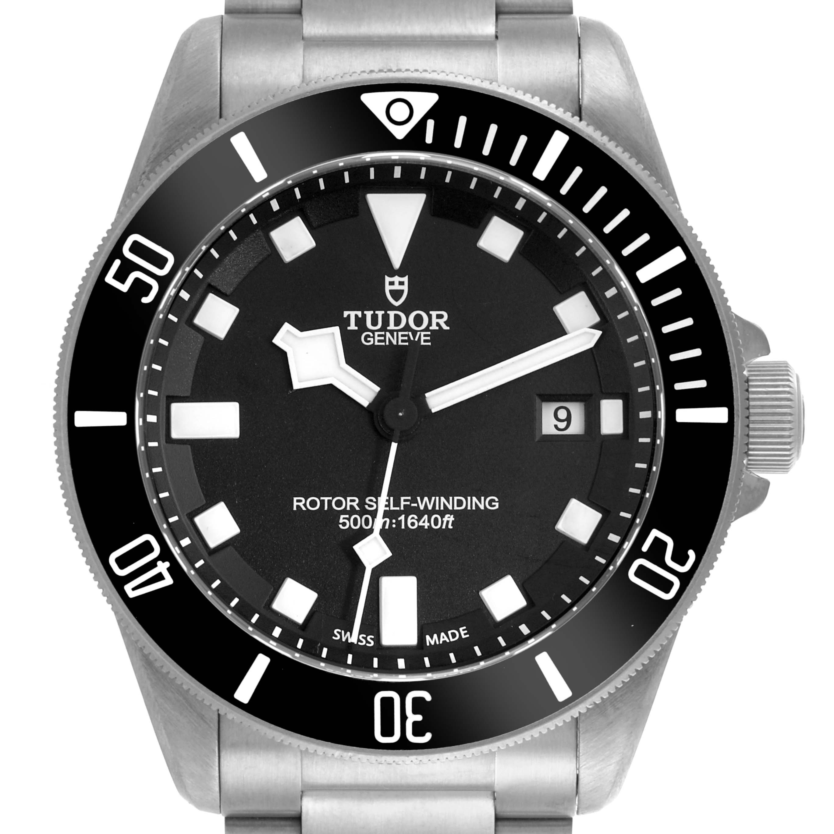 The Tudor Pelagos 25500TN Men's Titanium Black Dial 25500TN Men's Titanium Black Dial watch is shown from the front, displaying the dial, case, bezel, and part of the bracelet.