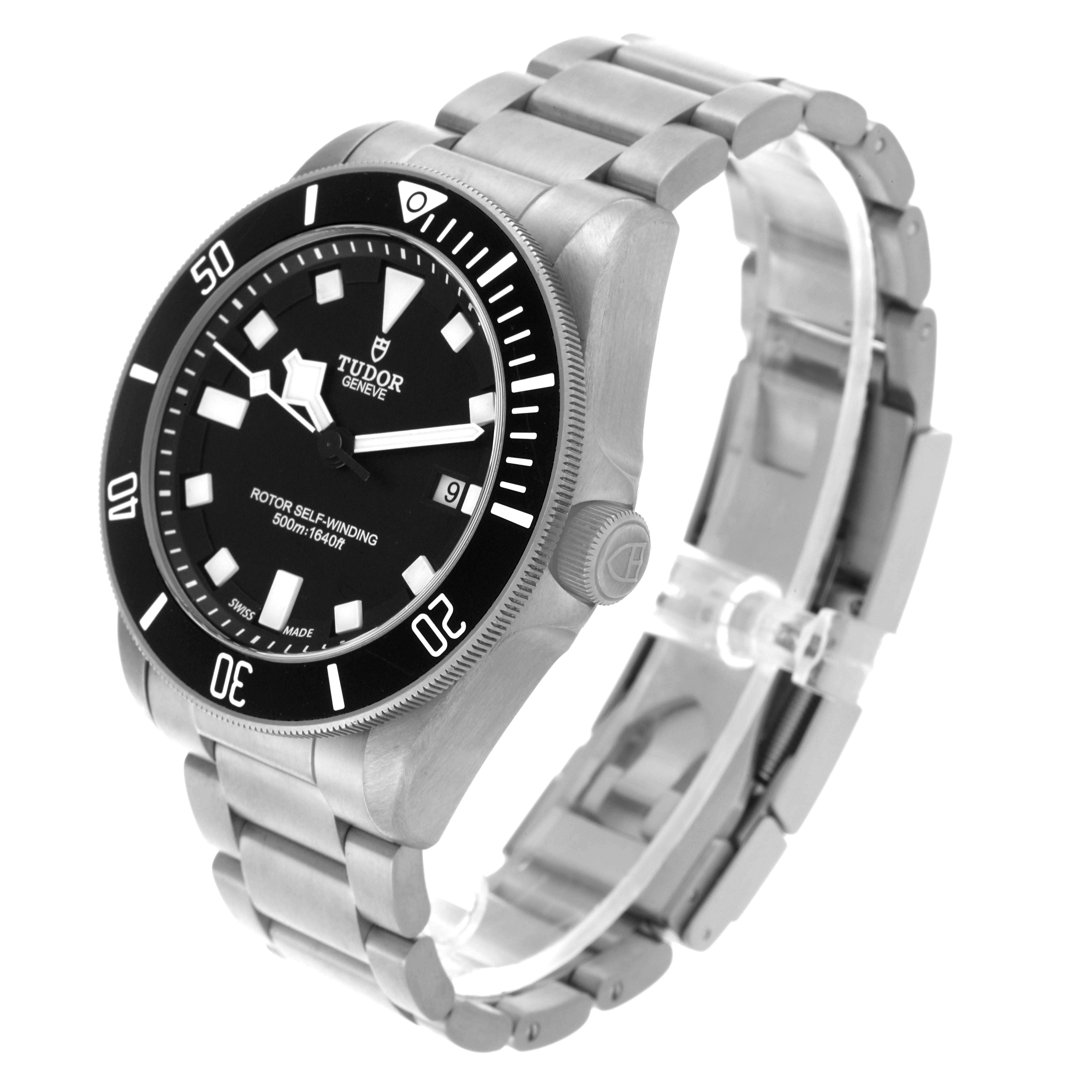 The Tudor Pelagos 25500TN Men's Titanium Black Dial 25500TN Men's Titanium Black Dial watch is shown at a three-quarter angle, highlighting the face, bezel, and bracelet.