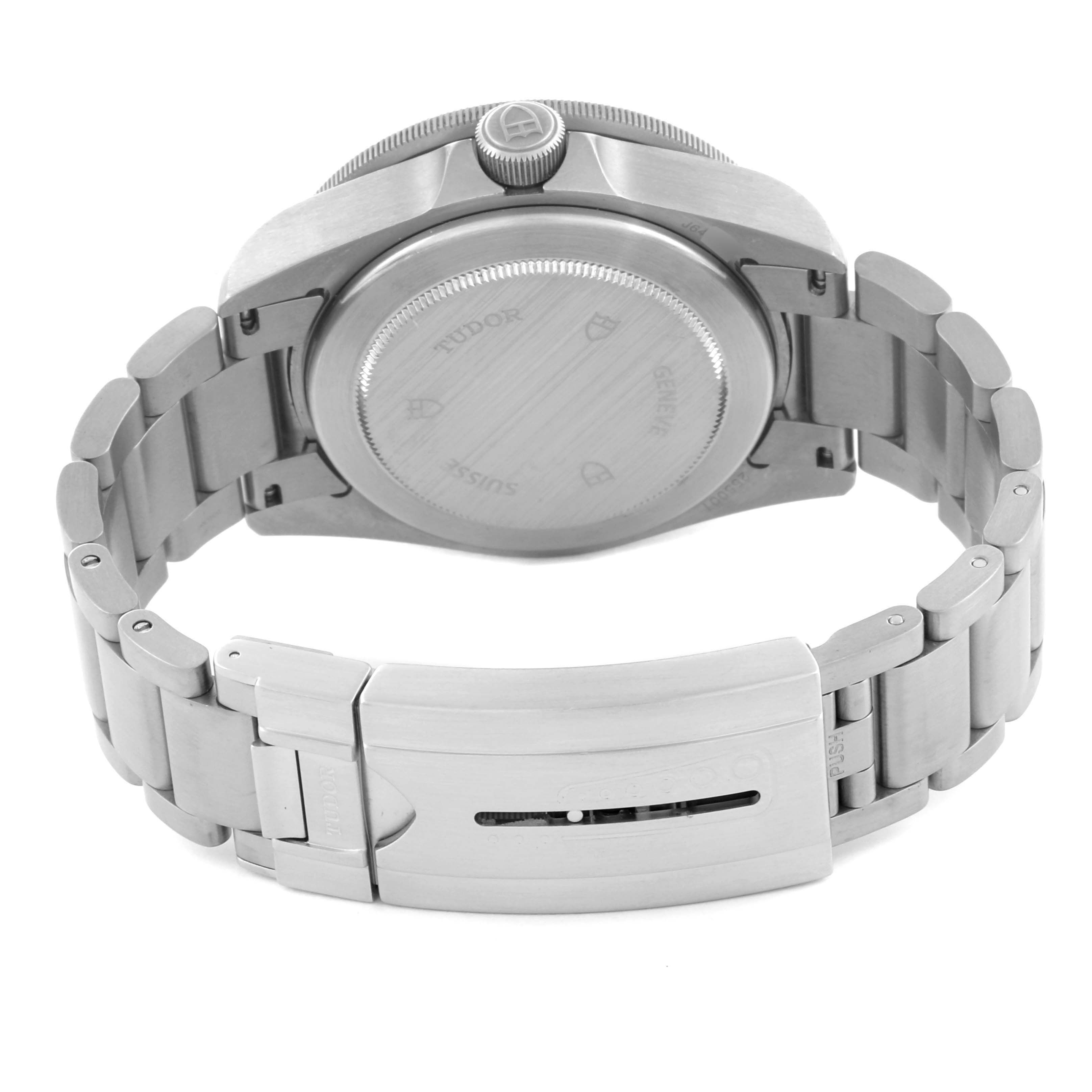 The image shows the back and side view of a Tudor Pelagos 25500TN Men's Titanium Black Dial 25500TN Men's Titanium Black Dial watch, highlighting its case back, bracelet, and clasp.