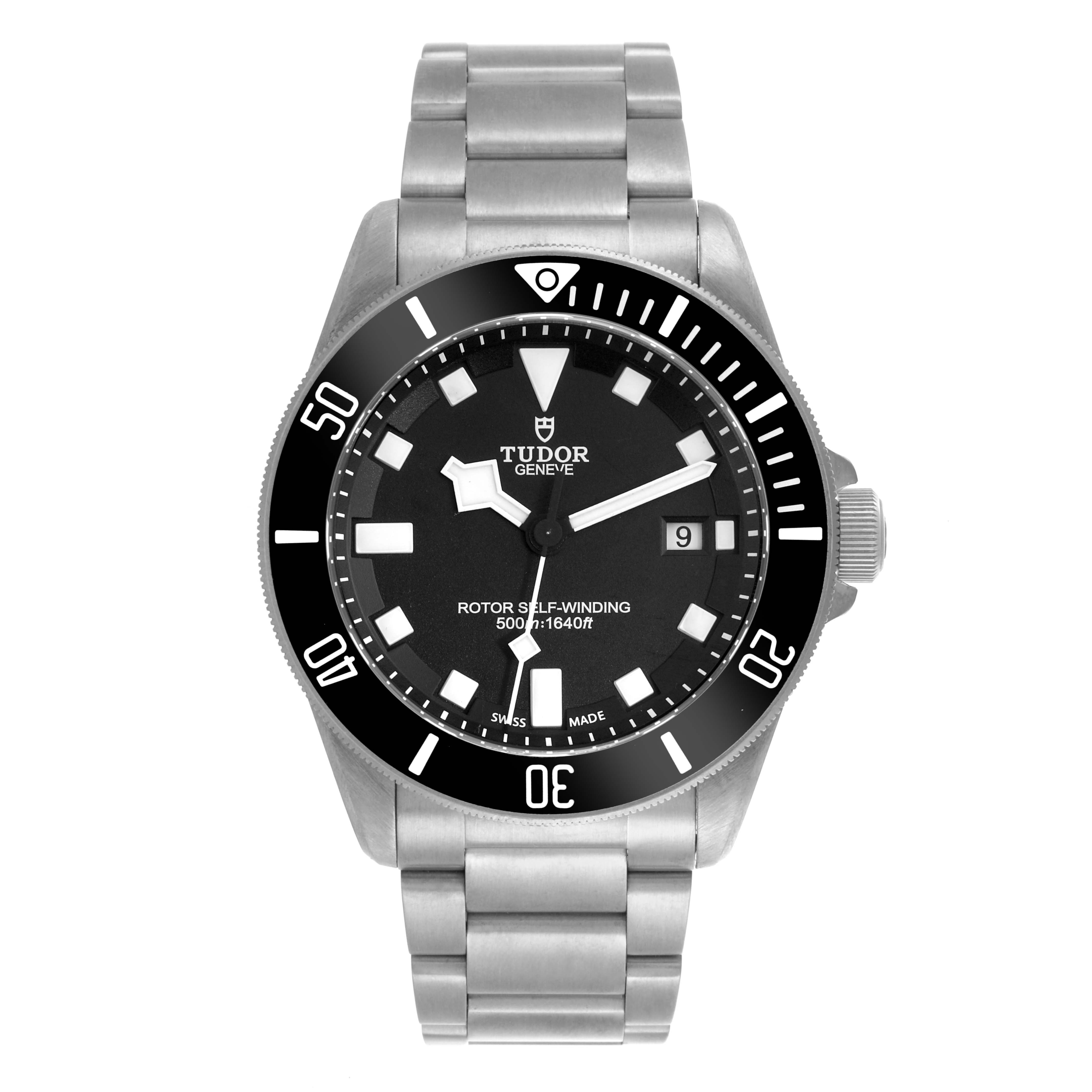 The Tudor Pelagos 25500TN Men's Titanium Black Dial 25500TN Men's Titanium Black Dial watch is shown from a front angle, highlighting the dial, bezel, and bracelet.