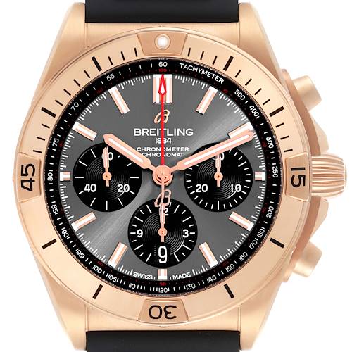 The Breitling Chronomat RB0134 Men's Rose Gold Grey Dial RB0134 Men's Rose Gold Grey Dial watch is shown from the front, highlighting the dial, bezel, and chronograph sub-dials.