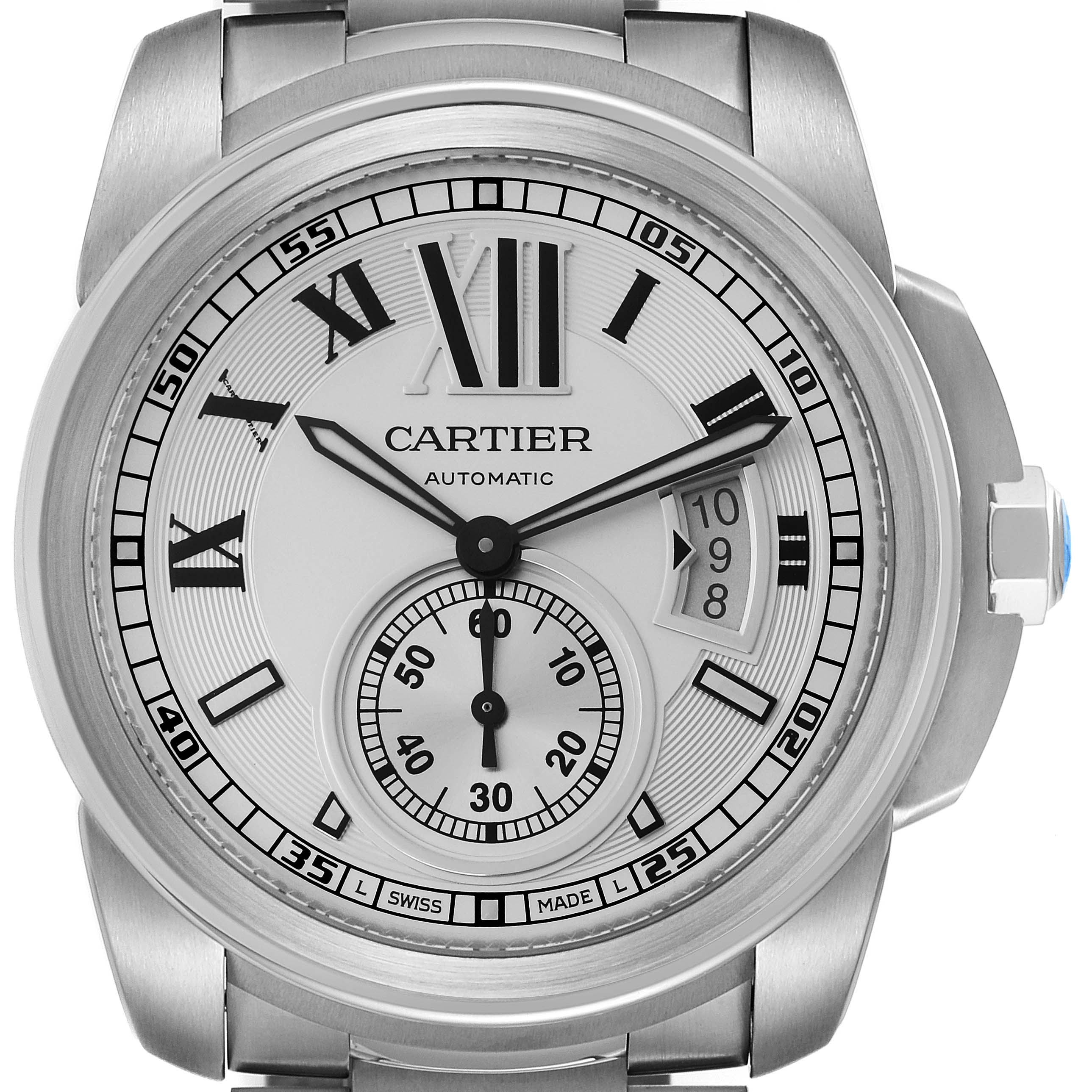 The image shows a full frontal view of the Calibre de Cartier watch, highlighting its dial, hands, and date indicator.