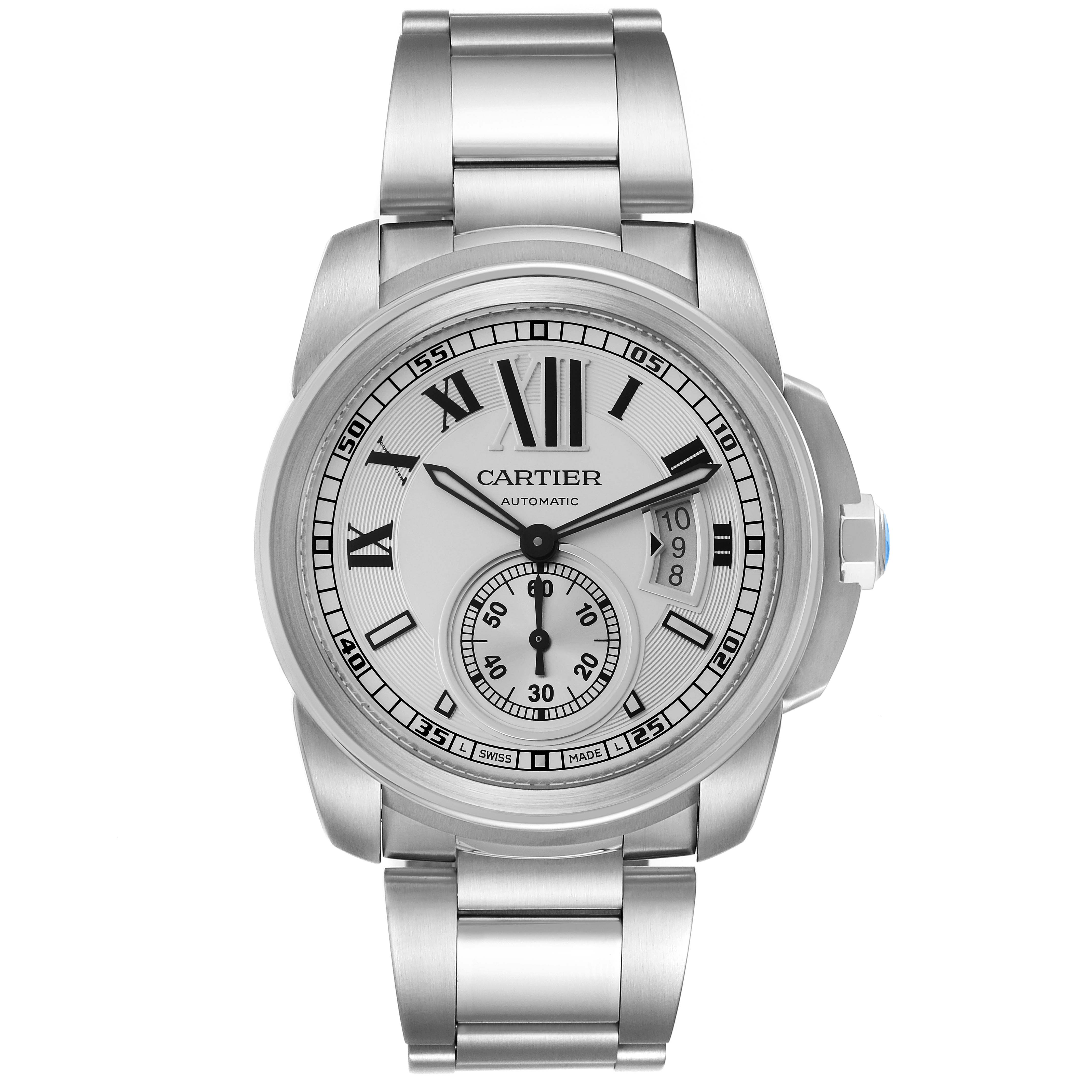 The Calibre de Cartier watch is shown from a front angle, displaying its dial, bracelet, and crown.