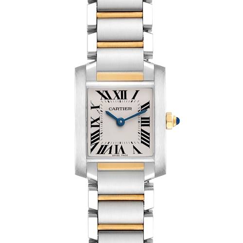 The Cartier Tank Francaise W51007Q4 Women's Steel and Gold (two tone) Silver Dial W51007Q4 Women's Steel and Gold (two tone) Silver Dial watch is shown from the front, displaying its face, bezel, crown, and bracelet.