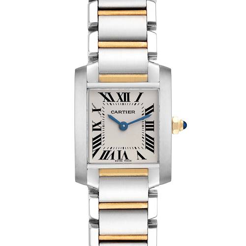 This Cartier Tank Francaise W51007Q4 Women's Steel and Gold (two tone) Silver Dial W51007Q4 Women's Steel and Gold (two tone) Silver Dial watch is shown from a top view, displaying the face, bezel, and part of the bracelet.