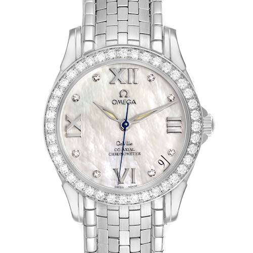 The Omega 4586.75.00 Women's Stainless Steel Mother of Pearl Dial 4586.75.00 Women's Stainless Steel Mother of Pearl Dial DeVille Prestige model 4586.75.00 is shown from the front, displaying the face, diamond bezel, and bracelet.