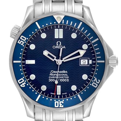 The Omega Seamaster 2531.80.00 Men's Stainless Steel Blue Dial 2531.80.00 Men's Stainless Steel Blue Dial watch is shown from the front, highlighting the face, bezel, and partial bracelet.