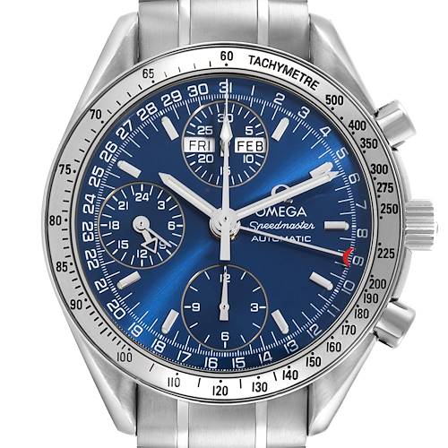 The Omega Speedmaster 3523.80.00 Men's Stainless Steel Blue Dial 3523.80.00 Men's Stainless Steel Blue Dial watch is shown from a front angle, displaying the dial, tachymeter bezel, subdials, and pushers.
