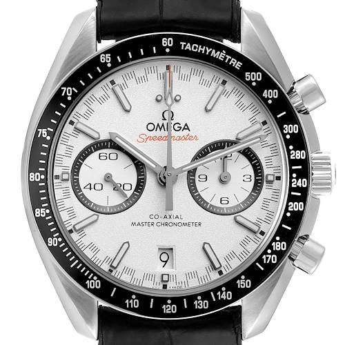 This image shows a front view of the Omega Speedmaster 329.33.44.51.04.001 Men's Stainless Steel Silver Dial 329.33.44.51.04.001 Men's Stainless Steel Silver Dial watch displaying its dial, subdials, tachymeter bezel, and crown.