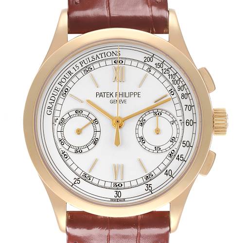 The Patek Philippe Complications 5170J Men's Yellow Gold Silver Dial 5170J Men's Yellow Gold Silver Dial watch is shown from the front, highlighting the dial, hands, subdials, and bezel.