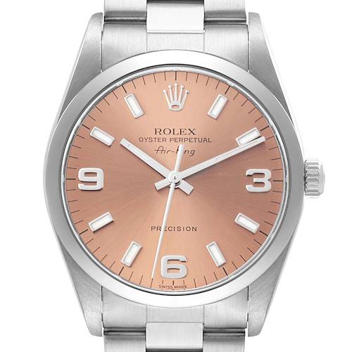 The Rolex Air-King 14000 Men's Stainless Steel Pink Dial 14000 Men's Stainless Steel Pink Dial is shown from a front view, highlighting the dial, hands, markers, case, and part of the bracelet.
