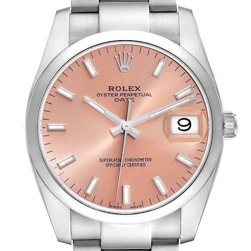 This Rolex Oyster Perpetual Date watch is shown from the front, highlighting its pink dial, hour markers, and date window.