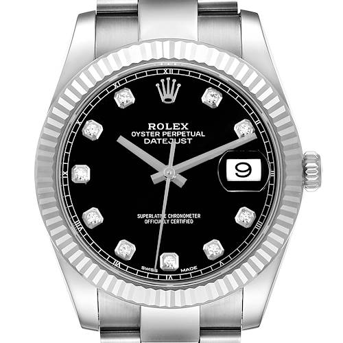 The Rolex Datejust 41 126334 Men's Stainless Steel Black Dial 126334 Men's Stainless Steel Black Dial is shown from a front angle, highlighting the dial, fluted bezel, and partial bracelet.