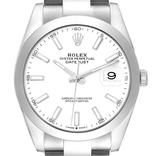 The Rolex Datejust 41 126300 Men's Stainless Steel White Dial 126300 Men's Stainless Steel White Dial watch is shown from the front, highlighting the dial, hour markers, bezel, and crown.