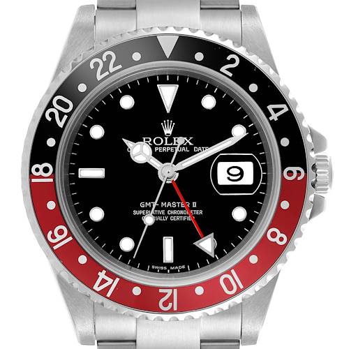 The Rolex GMT-Master 16710 Men's Stainless Steel Black Dial 16710 Men's Stainless Steel Black Dial watch is shown from the front, displaying its bezel, dial, hands, and date window.