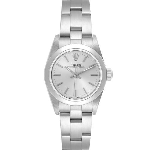 The Rolex Oyster Perpetual 76080 Women's Stainless Steel Silver Dial 76080 Women's Stainless Steel Silver Dial watch is shown from a front angle, displaying its case, dial, and bracelet.