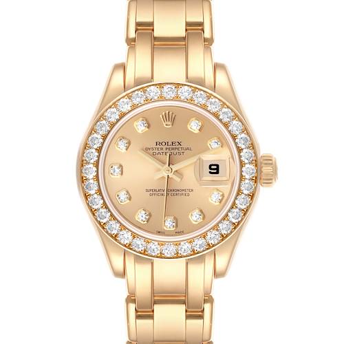 The Rolex Pearlmaster 80298 Women's Yellow Gold Champagne Dial 80298 Women's Yellow Gold Champagne Dial watch is shown from a front angle, highlighting its dial, bezel, and bracelet.