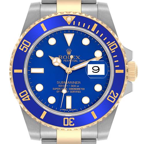 The Rolex Submariner 116613LB Men's Steel and Gold (two tone) Blue Dial 116613LB Men's Steel and Gold (two tone) Blue Dial is shown from the front, displaying the blue dial, gold accents, bezel, and crown.