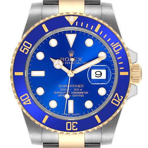 The Rolex Submariner 116613LB Men's Steel and Gold (two tone) Blue Dial 116613LB Men's Steel and Gold (two tone) Blue Dial is shown from a front angle, displaying its blue dial, the gold and silver bezel, and bracelet.
