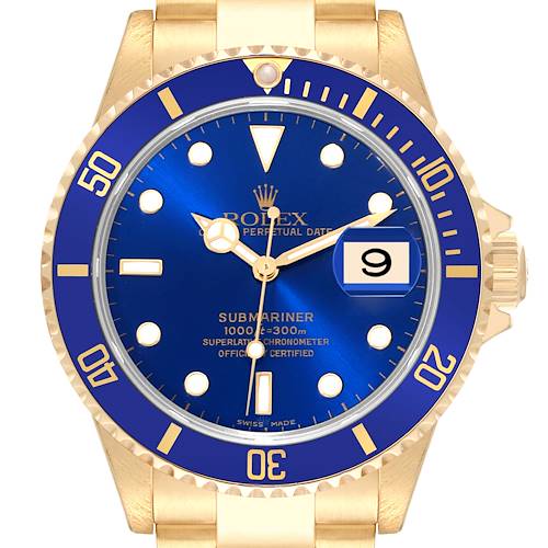 The image shows a front view of a Rolex Submariner 16618 Men's Yellow Gold Blue Dial 16618 Men's Yellow Gold Blue Dial watch with a blue dial and bezel, gold case, and bracelet.