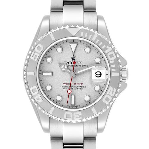 The Rolex Yacht-Master 168622 Men's Stainless Steel Silver Dial 168622 Men's Stainless Steel Silver Dial watch is shown from the front, highlighting the dial, bezel, and bracelet.