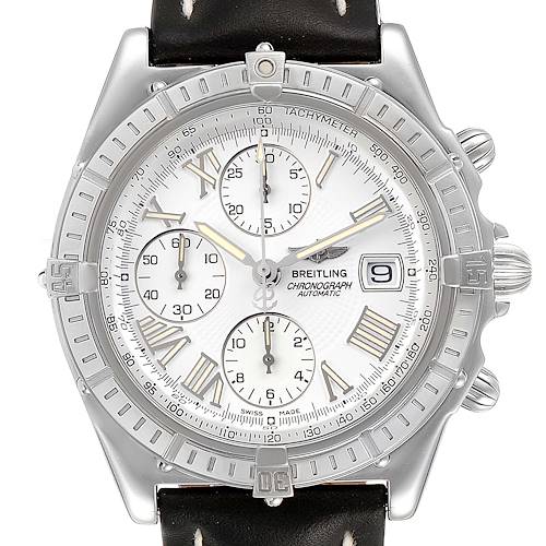 The image shows a front view of a Breitling Chronomat A13055 Men's Stainless Steel Silver Dial A13055 Men's Stainless Steel Silver Dial watch, displaying its dial, bezel, and strap.