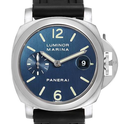 The image shows a front view of the Panerai Luminor PAM00070 Men's Stainless Steel Blue Dial PAM00070 Men's Stainless Steel Blue Dial Marina watch, highlighting its blue dial, date window, and subdial.