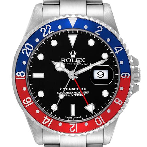 The image shows a front view of the Rolex GMT-Master 16710 Men's Stainless Steel Silver Dial 16710 Men's Stainless Steel Silver Dial II watch featuring its bezel, dial, and bracelet.