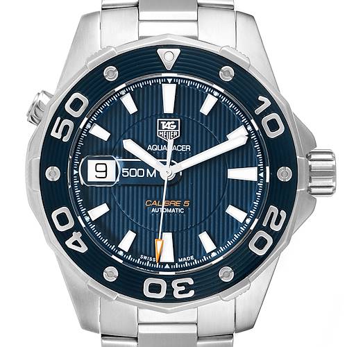 This image shows a front view of the Tag Heuer Aquaracer WAJ2112  Men's Stainless Steel Blue Dial WAJ2112  Men's Stainless Steel Blue Dial watch, featuring the dial, bezel, crown, and part of the bracelet.