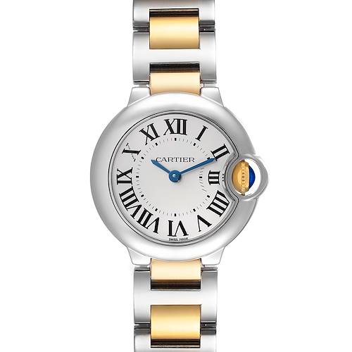 The image shows a front view of a Cartier Ballon Bleu W2BB0010 Women's Steel and Gold (two tone) Silver Dial W2BB0010 Women's Steel and Gold (two tone) Silver Dial model watch, highlighting its face, Roman numerals, and two-tone metal bracelet.