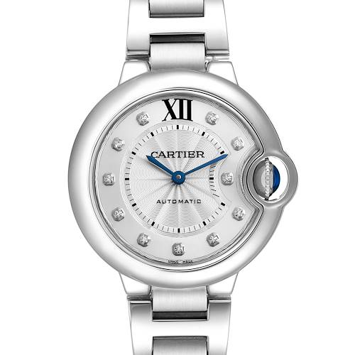 The Cartier Ballon Bleu WE902074 Women's Stainless Steel Silver Dial WE902074 Women's Stainless Steel Silver Dial watch is shown from a front view, highlighting the dial, bracelet, and crown.