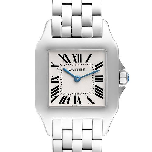 This image shows the front view of the Cartier Santos Demoiselle W25065Z5 Women's Stainless Steel Silver Dial W25065Z5 Women's Stainless Steel Silver Dial watch, highlighting the dial, hands, and part of the bracelet.