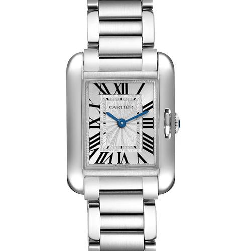 The Cartier Tank Anglaise W5310022 Women's Stainless Steel Silver Dial W5310022 Women's Stainless Steel Silver Dial watch is shown from a front angle, displaying the face, bracelet, and crown.
