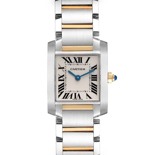 The Cartier Tank Française watch is shown from a front angle, displaying its face, dial, and bracelet.