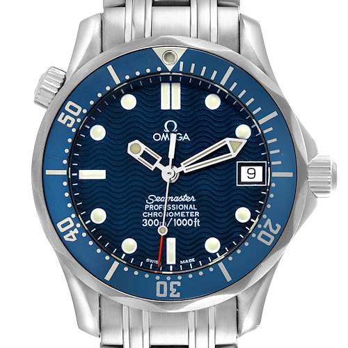 The Omega Seamaster 2551.80.00 Men's Stainless Steel Blue Dial 2551.80.00 Men's Stainless Steel Blue Dial watch is shown from a front angle, displaying the face, bezel, and part of the bracelet.