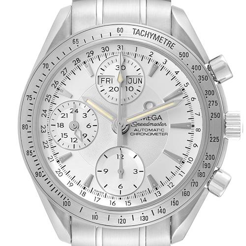 This image shows the front view of an Omega Speedmaster 3221.30.00 Men's Stainless Steel Silver Dial 3221.30.00 Men's Stainless Steel Silver Dial watch, highlighting the dial, tachymeter, and sub-dials.