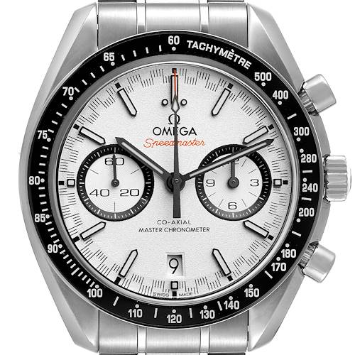 This Omega Speedmaster 329.30.44.51.04.001 Men's Stainless Steel White Dial 329.30.44.51.04.001 Men's Stainless Steel White Dial watch is shown from the front, highlighting its dial, subdials, tachymeter bezel, and bracelet.