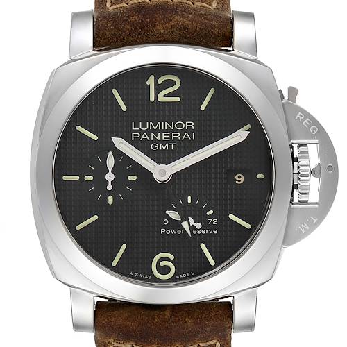 This is a close-up of a Panerai Luminor PAM00537 Men's Stainless Steel Black Dial PAM00537 Men's Stainless Steel Black Dial GMT watch showing the dial, indices, hands, small seconds, and power reserve.