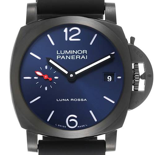 The Panerai Luminor PAM01408 Men's Stainless Steel Blue Dial PAM01408 Men's Stainless Steel Blue Dial watch is shown from a front angle, highlighting its face, hands, date window, and crown guard.