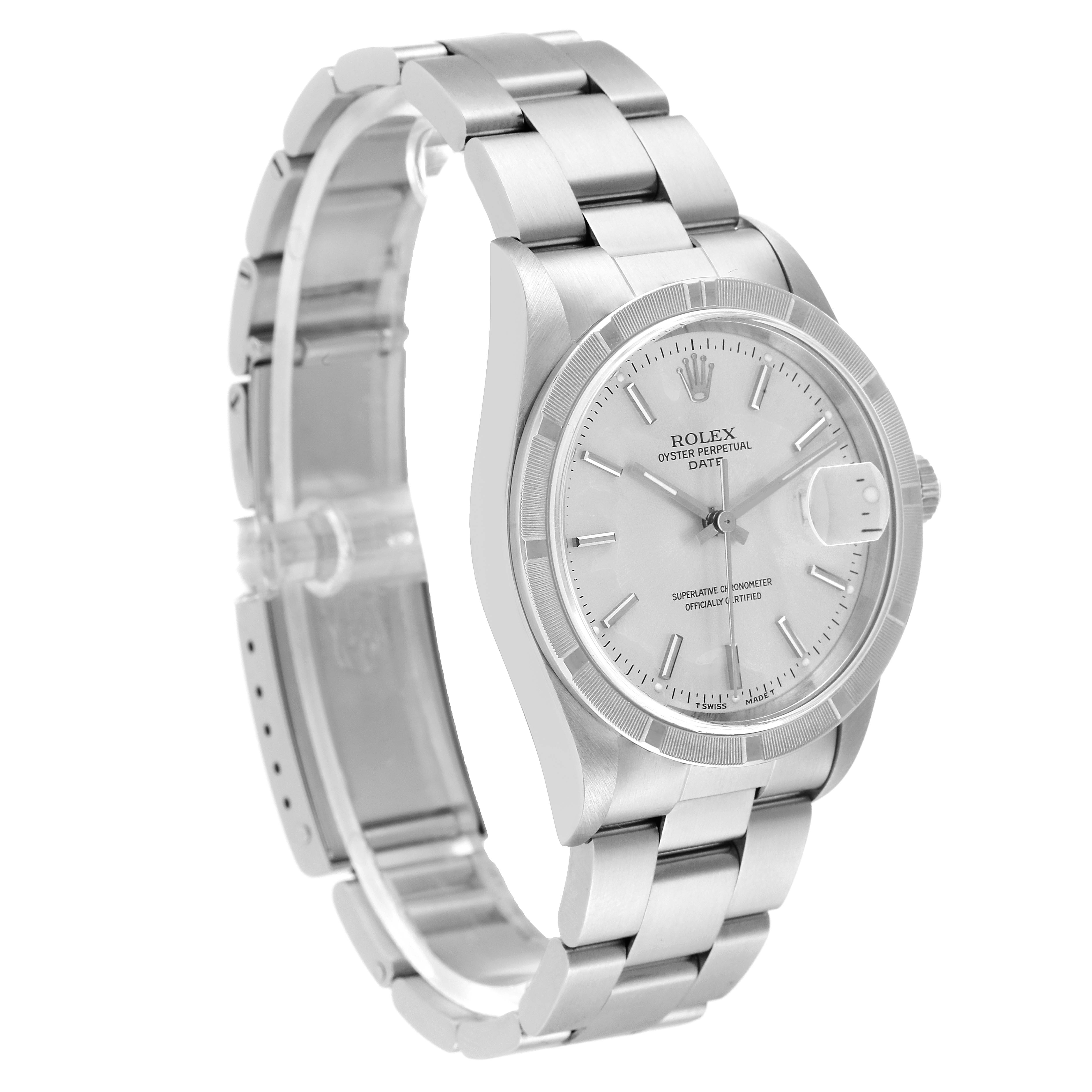 The image shows a Rolex Date 15210 Men's Stainless Steel Silver Dial 15210 Men's Stainless Steel Silver Dial model watch at an angled view, highlighting its face, bezel, and stainless steel bracelet.