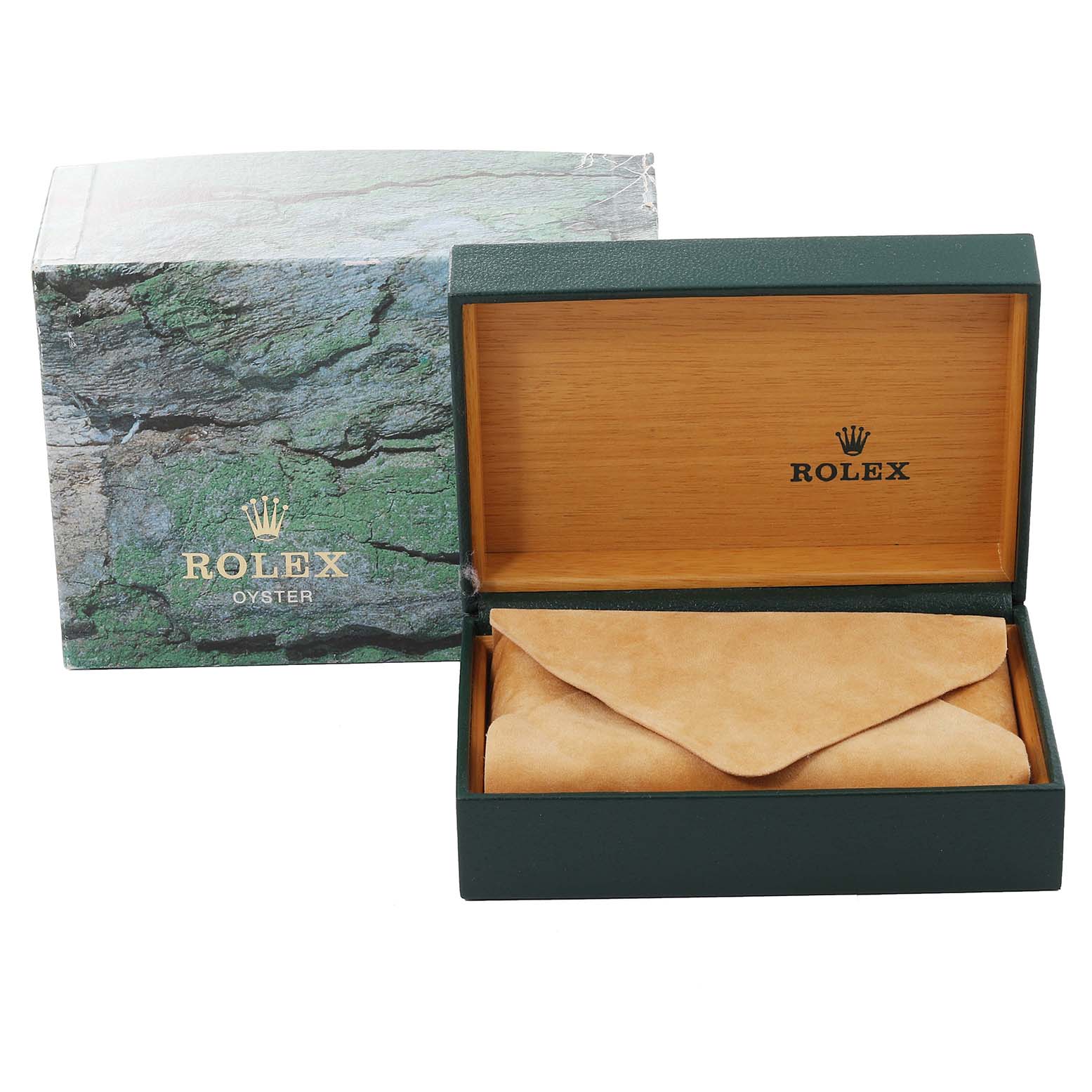 This image shows the box and pouch for a Rolex Date 15210 Men's Stainless Steel Silver Dial 15210 Men's Stainless Steel Silver Dial watch, with the box open and an outer protective box beside it.