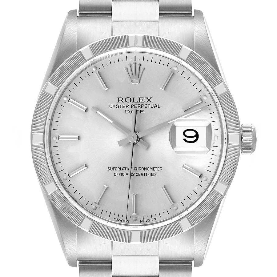This is a front view of the Rolex Date 15210 Men's Stainless Steel Silver Dial 15210 Men's Stainless Steel Silver Dial model watch, showing the dial, hands, bezel, and bracelet.