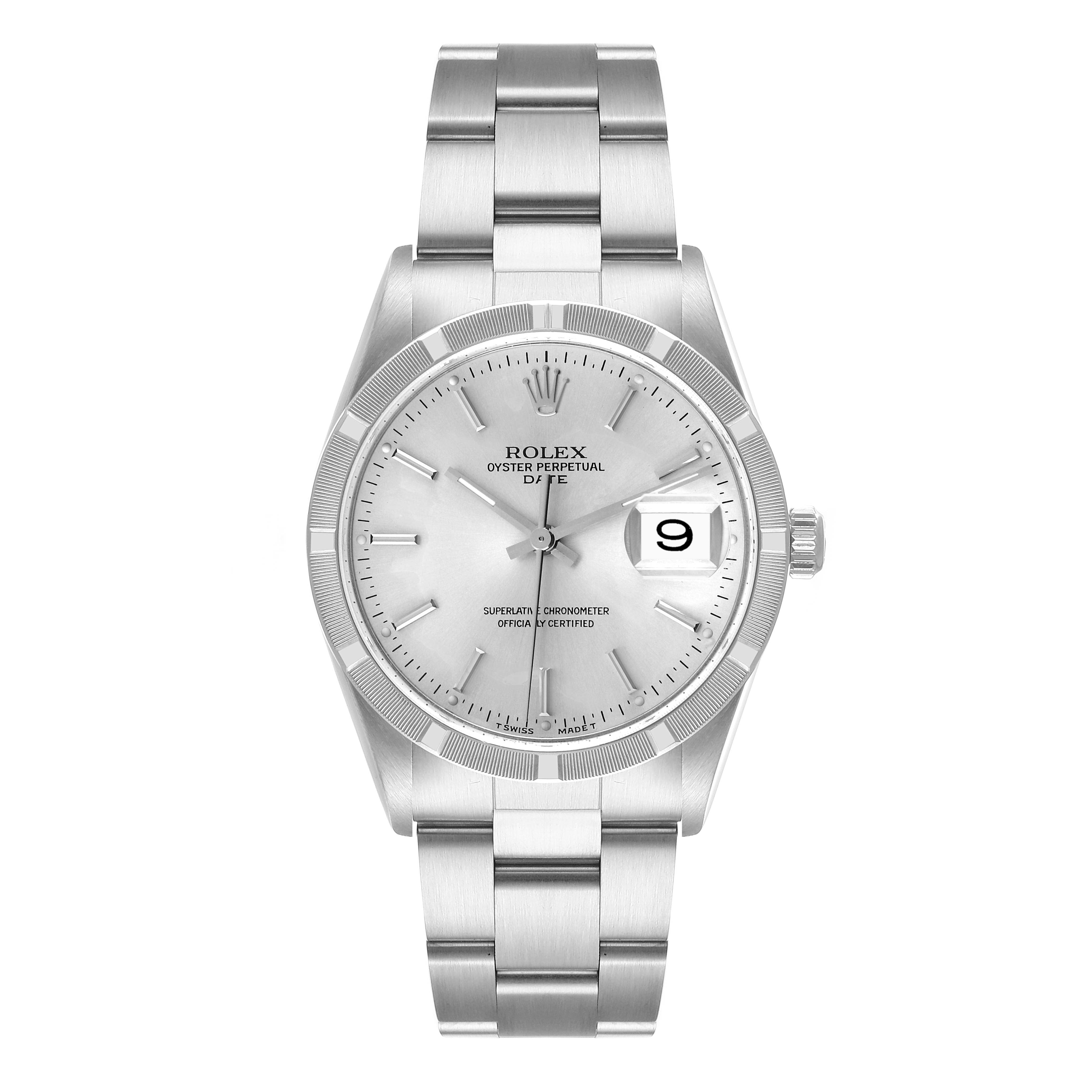 This image shows a front view of a Rolex Date 15210 Men's Stainless Steel Silver Dial 15210 Men's Stainless Steel Silver Dial model watch, displaying the dial, bezel, and entire bracelet.