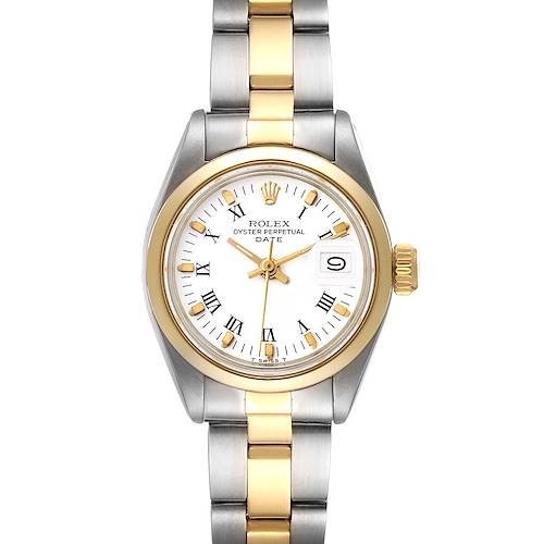 The Rolex Date 6916 Women's Steel and Gold (two tone) White Dial 6916 Women's Steel and Gold (two tone) White Dial model watch is shown from a top-down angle, displaying the face, bezel, crown, and band.