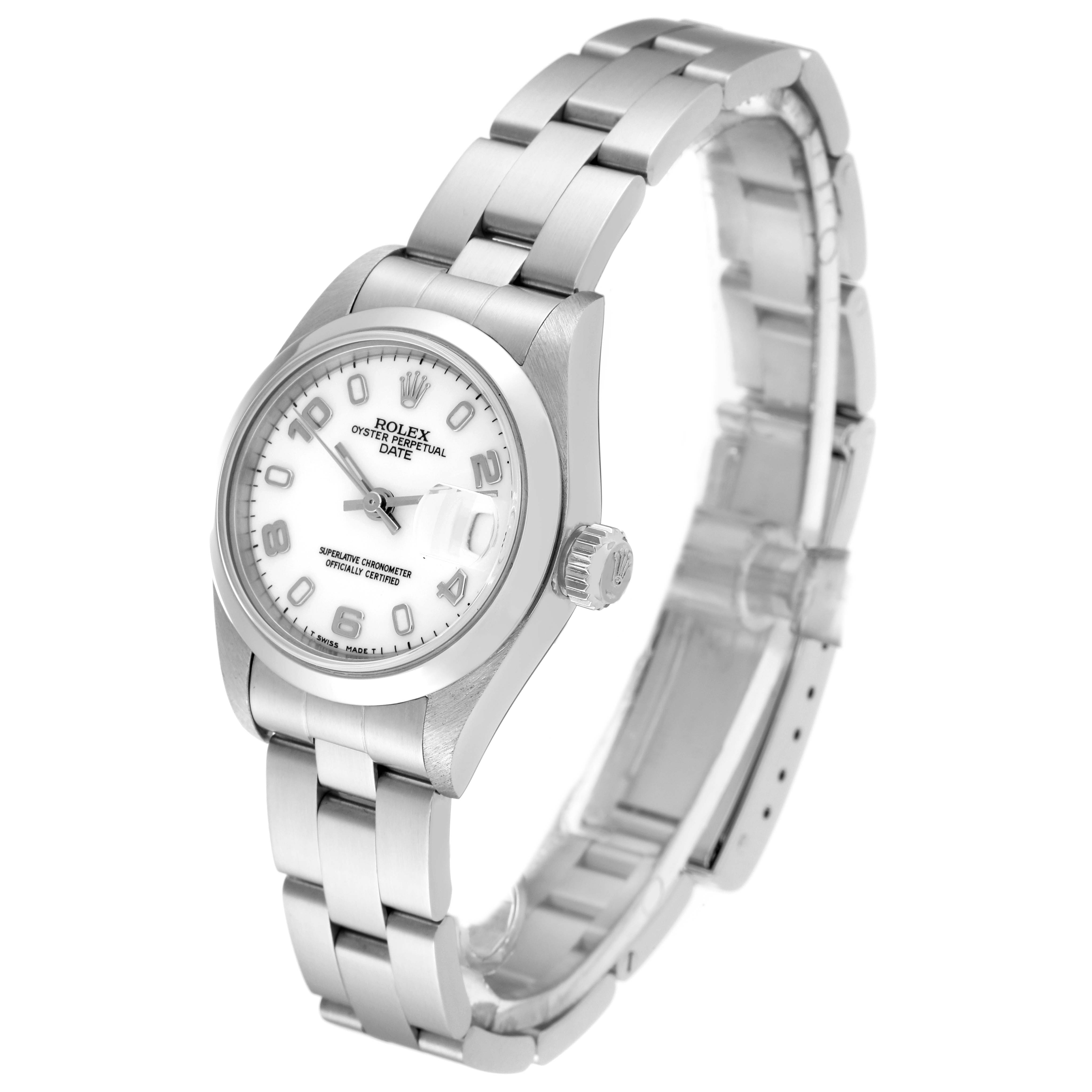 The image shows a Rolex Date 69160 Women's Stainless Steel White Dial 69160 Women's Stainless Steel White Dial model watch at a three-quarter angle, highlighting the dial, bezel, crown, and bracelet.