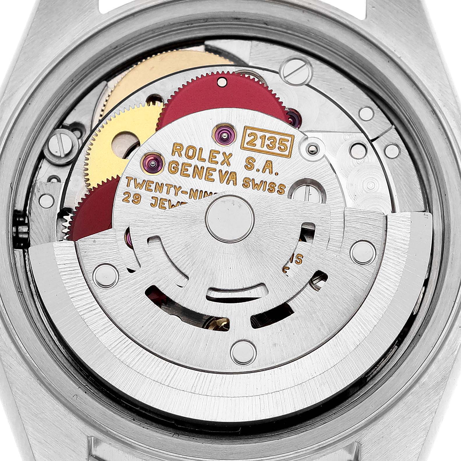 The image shows a close-up of the movement and inner mechanics of a Rolex Date 69160 Women's Stainless Steel White Dial 69160 Women's Stainless Steel White Dial model watch.