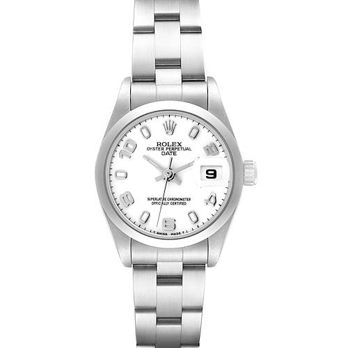 The image shows a front view of a Rolex Date 69160 Women's Stainless Steel White Dial 69160 Women's Stainless Steel White Dial model watch, displaying the dial, numerals, hands, and bracelet.