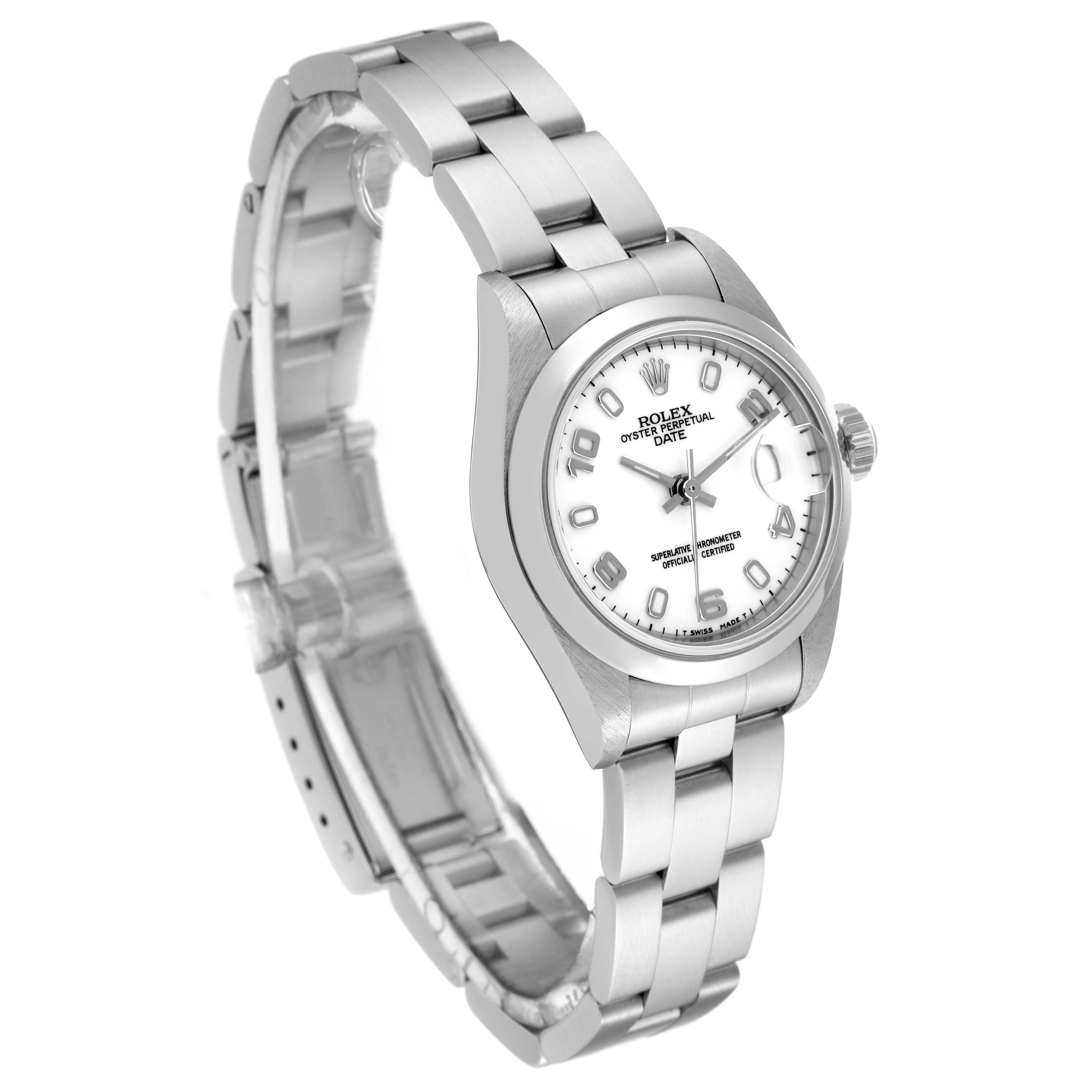 This image displays a Rolex Date 69160 Women's Stainless Steel White Dial 69160 Women's Stainless Steel White Dial model watch at an angle showing the face, bezel, and bracelet.